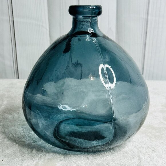 Vidrios San Miguel Vase Recycled Glass Blue Bubble Round Spain 9" x 8" - Picture 1 of 6